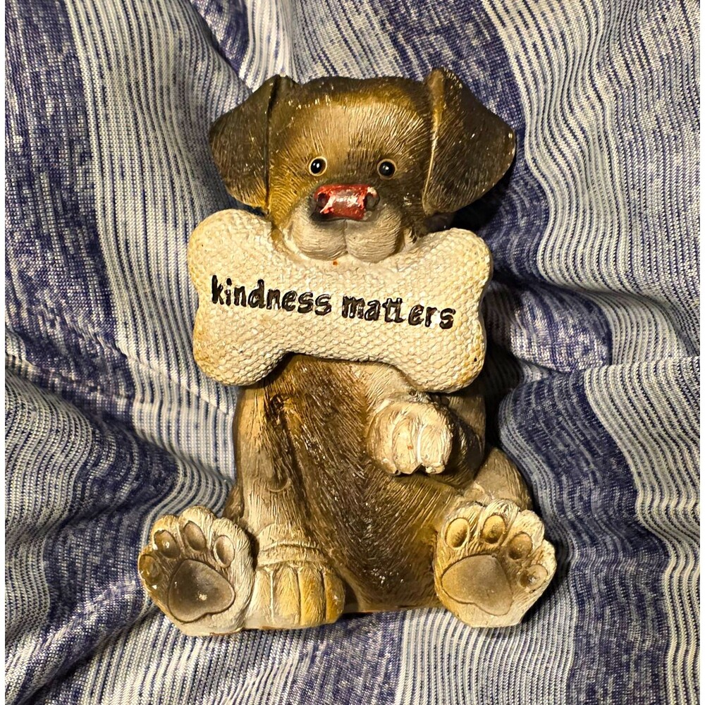 Painted Dog Figurine Holding Bone, "Kindness Matters"